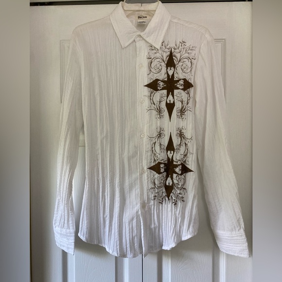 POP ICON Crinkle Long Sleeve Button front White Shirt- Embroidered Cross Sze S - Picture 2 of 12